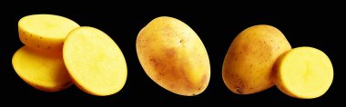 Patates, siyah arka planda kırpma yolu ile izole edilmiş, gölge yok, çiğ sebze, yemek malzemesi