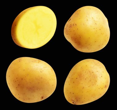 Patates, siyah arka planda kırpma yolu ile izole edilmiş, gölge yok, çiğ sebze, yemek malzemesi