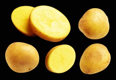 Patates, siyah arka planda kırpma yolu ile izole edilmiş, gölge yok, çiğ sebze, yemek malzemesi
