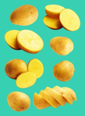 Patates, yeşil arka planda kırpma yolu ile izole edilmiş, gölge yok, çiğ sebze, yemek malzemesi