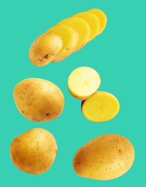 Patates, yeşil arka planda kırpma yolu ile izole edilmiş, gölge yok, çiğ sebze, yemek malzemesi