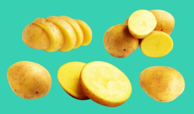 Patates, yeşil arka planda kırpma yolu ile izole edilmiş, gölge yok, çiğ sebze, yemek malzemesi