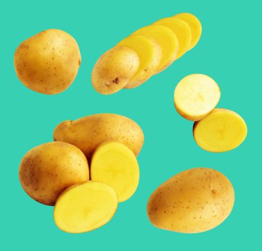 Patates, yeşil arka planda kırpma yolu ile izole edilmiş, gölge yok, çiğ sebze, yemek malzemesi