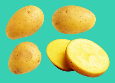 Patates, yeşil arka planda kırpma yolu ile izole edilmiş, gölge yok, çiğ sebze, yemek malzemesi