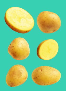 Patates, yeşil arka planda kırpma yolu ile izole edilmiş, gölge yok, çiğ sebze, yemek malzemesi