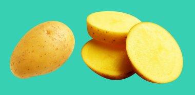 Patates, yeşil arka planda kırpma yolu ile izole edilmiş, gölge yok, çiğ sebze, yemek malzemesi