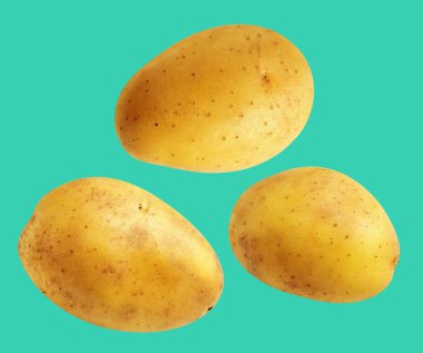 Patates, yeşil arka planda kırpma yolu ile izole edilmiş, gölge yok, çiğ sebze, yemek malzemesi