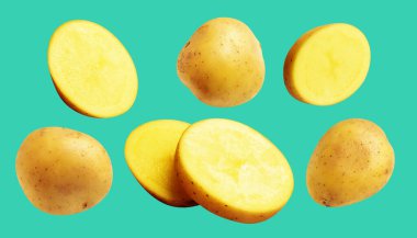 Patates, yeşil arka planda kırpma yolu ile izole edilmiş, gölge yok, çiğ sebze, yemek malzemesi