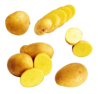 Beyaz arka planda kırpma yolu ile izole edilmiş patates, gölge yok, çiğ sebze, yemek malzemesi