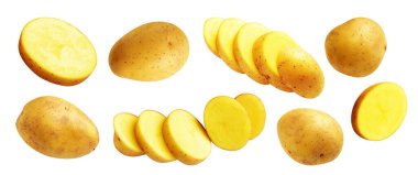 Beyaz arka planda kırpma yolu ile izole edilmiş patates, gölge yok, çiğ sebze, yemek malzemesi