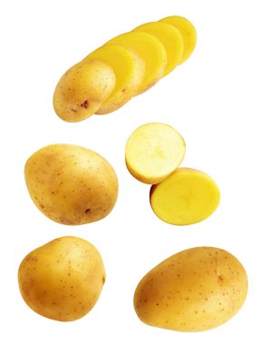 Beyaz arka planda kırpma yolu ile izole edilmiş patates, gölge yok, çiğ sebze, yemek malzemesi