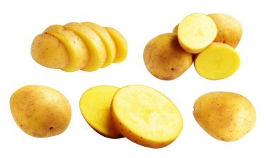 Beyaz arka planda kırpma yolu ile izole edilmiş patates, gölge yok, çiğ sebze, yemek malzemesi