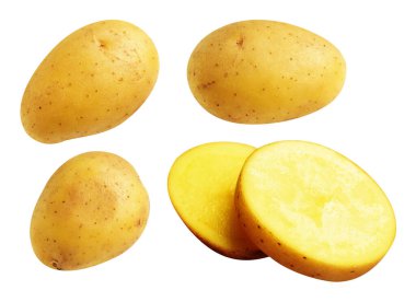 Beyaz arka planda kırpma yolu ile izole edilmiş patates, gölge yok, çiğ sebze, yemek malzemesi