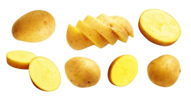Beyaz arka planda kırpma yolu ile izole edilmiş patates, gölge yok, çiğ sebze, yemek malzemesi