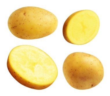 Beyaz arka planda kırpma yolu ile izole edilmiş patates, gölge yok, çiğ sebze, yemek malzemesi