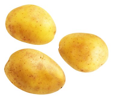 Beyaz arka planda kırpma yolu ile izole edilmiş patates, gölge yok, çiğ sebze, yemek malzemesi