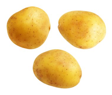 Beyaz arka planda kırpma yolu ile izole edilmiş patates, gölge yok, çiğ sebze, yemek malzemesi