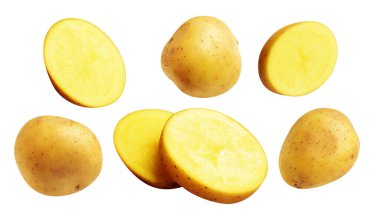 Beyaz arka planda kırpma yolu ile izole edilmiş patates, gölge yok, çiğ sebze, yemek malzemesi