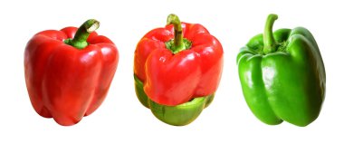 Taze kırmızı ve yeşil dolmalık biberler. Yarısı beyaz arka planda, kırpma yolu, gölgesi yok, yemek malzemesi yok.