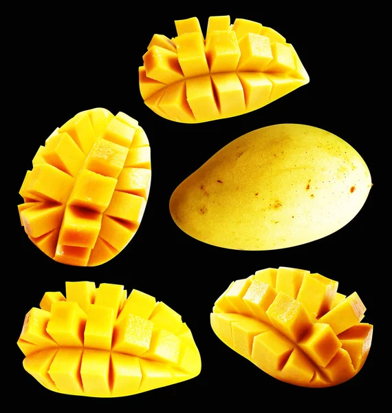 Mango slice cube isolated  with clipping path, no shadow in black background, mango cut to cube pieces, healthy tropical fruit