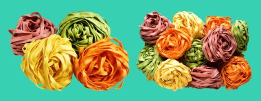 Renkli İtalyan tagliatelle ya da Fettuccine makarnası klasik istif. Yuva yumurtası, kırpma yolu ile izole edilmiş İtalyan makarnası. Yeşil arka planda gölge yok.