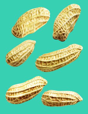 Kesme yolu ile izole edilmiş fıstıklar, yeşil arka planda gölge yok, yemek malzemeleri, sağlıklı yiyecekler.