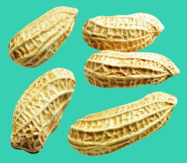 Kesme yolu ile izole edilmiş fıstıklar, yeşil arka planda gölge yok, yemek malzemeleri, sağlıklı yiyecekler.