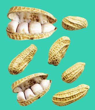 Kesme yolu ile izole edilmiş fıstıklar, yeşil arka planda gölge yok, yemek malzemeleri, sağlıklı yiyecekler.