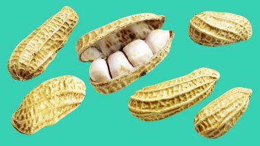 Kesme yolu ile izole edilmiş fıstıklar, yeşil arka planda gölge yok, yemek malzemeleri, sağlıklı yiyecekler.