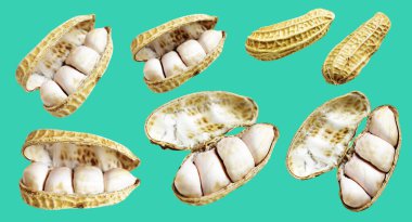 Kesme yolu ile izole edilmiş fıstıklar, yeşil arka planda gölge yok, yemek malzemeleri, sağlıklı yiyecekler.