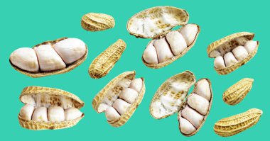 Kesme yolu ile izole edilmiş fıstıklar, yeşil arka planda gölge yok, yemek malzemeleri, sağlıklı yiyecekler.