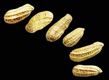 Kesme yolu ile izole edilmiş fıstıklar, siyah arka planda gölge yok, yemek malzemeleri, sağlıklı yiyecekler.