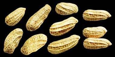 Kesme yolu ile izole edilmiş fıstıklar, siyah arka planda gölge yok, yemek malzemeleri, sağlıklı yiyecekler.