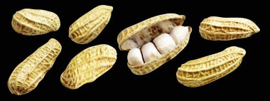 Kesme yolu ile izole edilmiş fıstıklar, siyah arka planda gölge yok, yemek malzemeleri, sağlıklı yiyecekler.