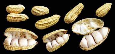 Kesme yolu ile izole edilmiş fıstıklar, siyah arka planda gölge yok, yemek malzemeleri, sağlıklı yiyecekler.