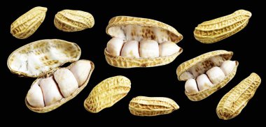 Kesme yolu ile izole edilmiş fıstıklar, siyah arka planda gölge yok, yemek malzemeleri, sağlıklı yiyecekler.