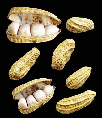 Kesme yolu ile izole edilmiş fıstıklar, siyah arka planda gölge yok, yemek malzemeleri, sağlıklı yiyecekler.