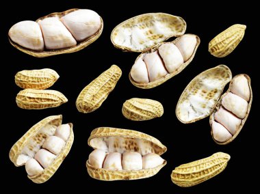 Kesme yolu ile izole edilmiş fıstıklar, siyah arka planda gölge yok, yemek malzemeleri, sağlıklı yiyecekler.