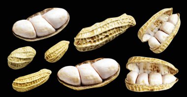 Kesme yolu ile izole edilmiş fıstıklar, siyah arka planda gölge yok, yemek malzemeleri, sağlıklı yiyecekler.