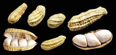 Kesme yolu ile izole edilmiş fıstıklar, siyah arka planda gölge yok, yemek malzemeleri, sağlıklı yiyecekler.