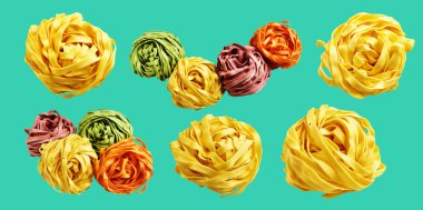 Sarı İtalyan tagliatelle veya Fettuccine makarnası klasik istif, yuva yumurtası İtalyan makarnası kırpma yolu ile izole edilmiş, yeşil arka planda gölge yok, yemek malzemeleri