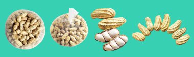 Kesme yolu ile izole edilmiş fıstıklar, yeşil arka planda gölge yok, yemek malzemeleri, sağlıklı yiyecekler.