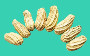 Kesme yolu ile izole edilmiş fıstıklar, yeşil arka planda gölge yok, yemek malzemeleri, sağlıklı yiyecekler.