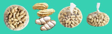 Kesme yolu ile izole edilmiş fıstıklar, yeşil arka planda gölge yok, yemek malzemeleri, sağlıklı yiyecekler.
