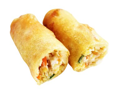 Kırmızıda kızartılmış altın sarısı börekler kırpma yolu ile izole edilmiş, beyaz arka planda gölge yok, Vietnam mutfağı, Çin yemeği