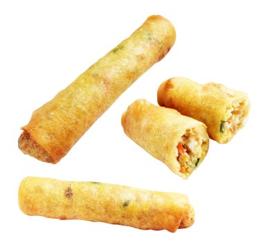 Kırmızıda kızartılmış altın sarısı börekler kırpma yolu ile izole edilmiş, beyaz arka planda gölge yok, Vietnam mutfağı, Çin yemeği