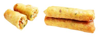 Kırmızıda kızartılmış altın sarısı börekler kırpma yolu ile izole edilmiş, beyaz arka planda gölge yok, Vietnam mutfağı, Çin yemeği