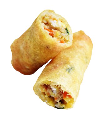 Kırmızıda kızartılmış altın sarısı börekler kırpma yolu ile izole edilmiş, beyaz arka planda gölge yok, Vietnam mutfağı, Çin yemeği