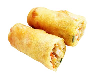 Kırmızıda kızartılmış altın sarısı börekler kırpma yolu ile izole edilmiş, beyaz arka planda gölge yok, Vietnam mutfağı, Çin yemeği