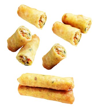 Kırmızıda kızartılmış altın sarısı börekler kırpma yolu ile izole edilmiş, beyaz arka planda gölge yok, Vietnam mutfağı, Çin yemeği